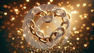 Golden Heart Chain with Sparkling Bokeh Background, AI Generated