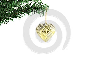 Golden heart hanging on branch Christmas tree.