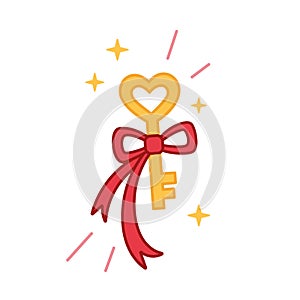 Golden heart key with ribbon. Key for heart concept. Valentines day icon in doodle style.