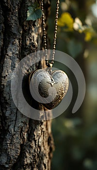 Golden Heart Locket Hanging on Tree Trunk in Sunlight Nature Photography photo