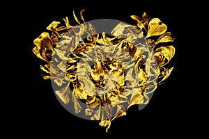Golden heart made of flower petals on black background isolated closeup, decorative gold heart shape ornament, art floral pattern