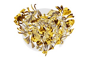 Golden heart made of flower petals on white background isolated close up, decorative gold heart shape ornament, floral leaves