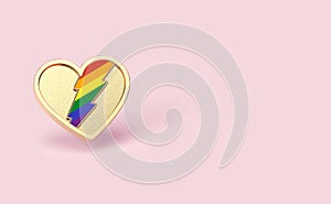 Golden heart pin with rainbow lightning inside. LGBT love and fight for their rights symbol concept. Isolated on pastel pink