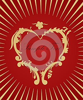 Golden heart on red background. Love concept