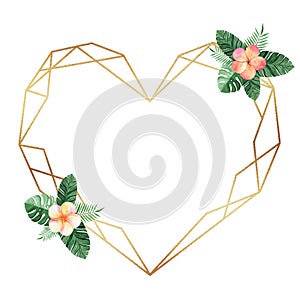 Golden heart shape frame with watercolor tropical flowers isolated on white background