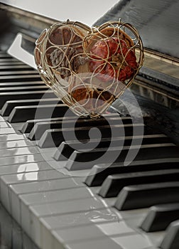 Golden heart shaped mesh case is filled with dried fruits stand on the Piano Keyboard