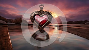 golden heart in water _A steampunk love background with a heart on water. The heart is a magical artifact