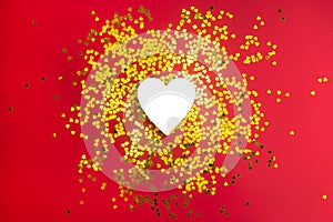 Golden hearts glitter frame on red background. Valentine, love, wedding, marriage concept