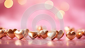 Golden hearts on a pink background. Happy Valentine Day wedding. Bokeh lights