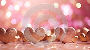 Golden hearts on a pink background. Happy Valentine Day wedding. Bokeh lights