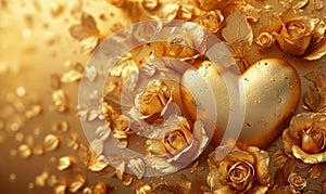 Golden Hearts and Roses on Glittering Background,exuding opulence and romance,Generated AI