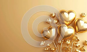 Golden Hearts and Roses on Glittering Background,exuding opulence and romance,Generated AI