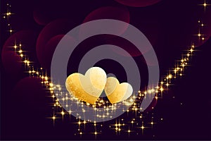 Golden hearts with sparkles on dark background