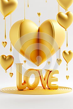 Golden hearts on white background with love text. Gold decorative design element for Valentine's Day, love card