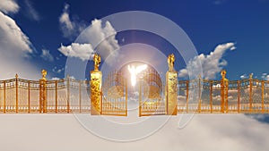 Golden Heaven Gates and bright Angel above fluffy clouds, 4K