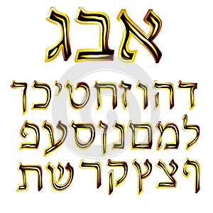 Golden Hebrew Alphabet. Brilliant Hebrew font. Letter gold set. Vector illustration on isolated background..