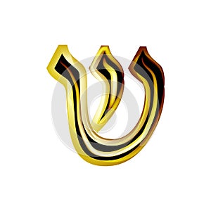 Golden Hebrew Alphabet. Brilliant Hebrew font. Letter gold Shin. Vector illustration on isolated background..