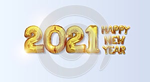 Golden helium balloons. 2021 number of gold foil balloons isolated on a light background. Words from balloons Happy new year 2021