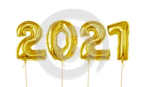 Golden helium balloons. 2021 number of gold foiled balloons isolated on white background