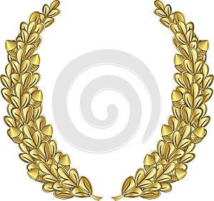 Golden heraldic oak wreath with acorns on a white background