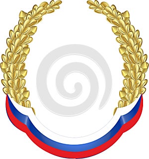 Golden heraldic oak wreath with the flag of Russia