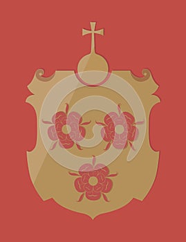 Golden heraldic shield with roses and Globus cruciger isolated on red background photo