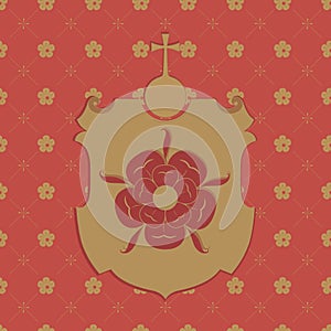 Golden heraldic shield with roses and Globus cruciger isolated on seamless red background photo