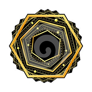 Golden hexagon on black backdrop. Vector illustration.