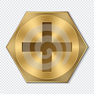 Golden hexagon bolt head. Realistic metal screw. Top view head of bolt. Vector illustration