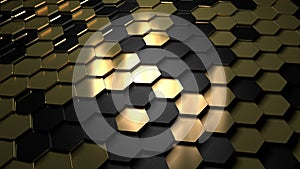 Golden hexagon cell tiling, luxury metal pattern, 3d rendering illustration