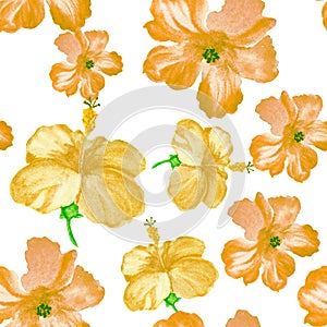 Golden Hibiscus Painting. Gold Seamless Textile. Orange Flower Plant. Yellow Watercolor Wallpaper. White Pattern Background. Golde