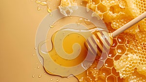 Golden honey dripping from dipper onto honeycomb, sweet natural ingredient for healthy lifestyle. close-up, warm tones