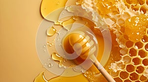Golden honey dripping from dipper onto honeycomb, sweet natural product. close-up view with copyspace. ideal for food