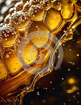 Golden honey drips from a honeycomb, capturing nature s liquid gold in mesmerizing detail