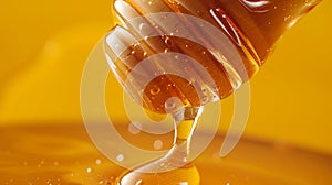 Golden Honey Drizzling from Dipper on Warm Bokeh Background - Ideal for Culinary and Natural Sweetness Themes. Generative Ai
