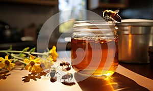 Golden Honey in Glass Jar with Bee Approaching on Sunny Kitchen Counter Natural Sweetener in Warm Light