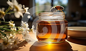 Golden Honey in Glass Jar with Bee Approaching on Sunny Kitchen Counter Natural Sweetener in Warm Light