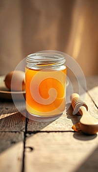 Golden Honey Jar on Rustic Table photo