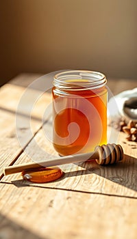Golden Honey Jar on Rustic Table photo