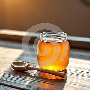Golden Honey Jar on Rustic Table photo