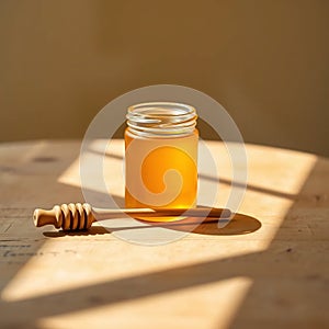 Golden Honey Jar on Rustic Table photo