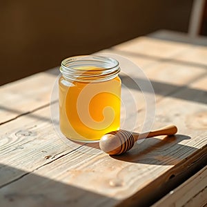 Golden Honey Jar on Rustic Table photo