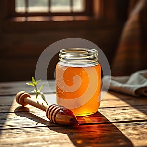 Golden Honey Jar on Rustic Table photo
