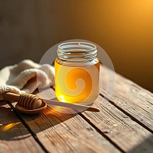 Golden Honey Jar on Rustic Table photo