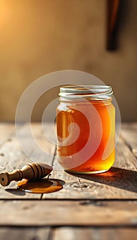 Golden Honey Jar on Rustic Table photo