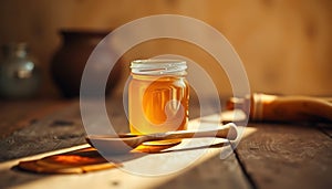 Golden Honey Jar on Rustic Table photo