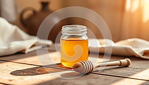 Golden Honey Jar on Rustic Table photo