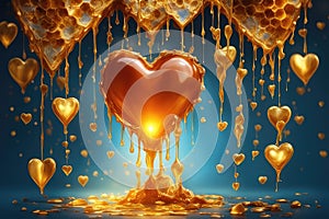 A golden honey like a heart shape, horizontal composition photo