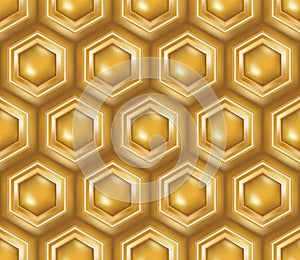 Golden honeycomb geometric seamless pattern tile with 3D effect