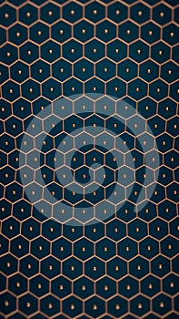 Golden honeycomb grid and spheres over blue backgorund. Copper hexagonal pattern on blue backdrop. Luxurious abstract